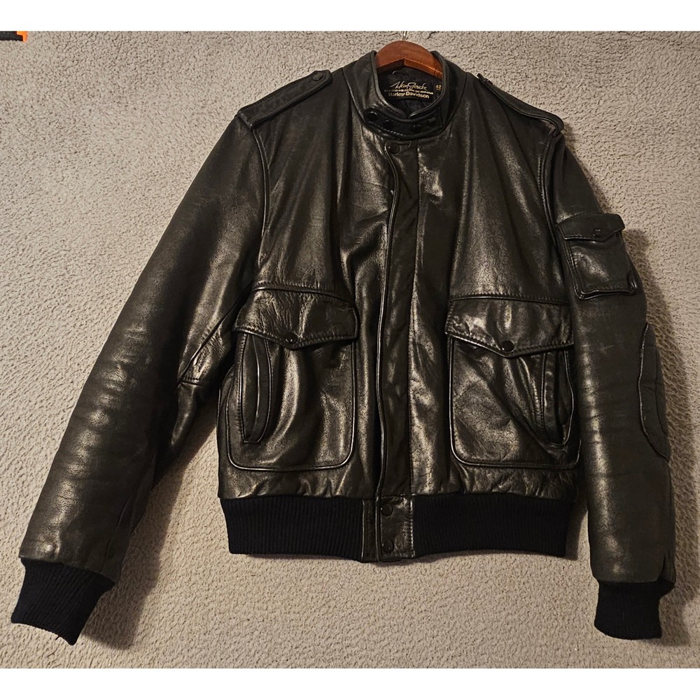 Harley-Davidson Hein Gericke Leather Bomber Jacket Mens 42 Black Flight Vintage